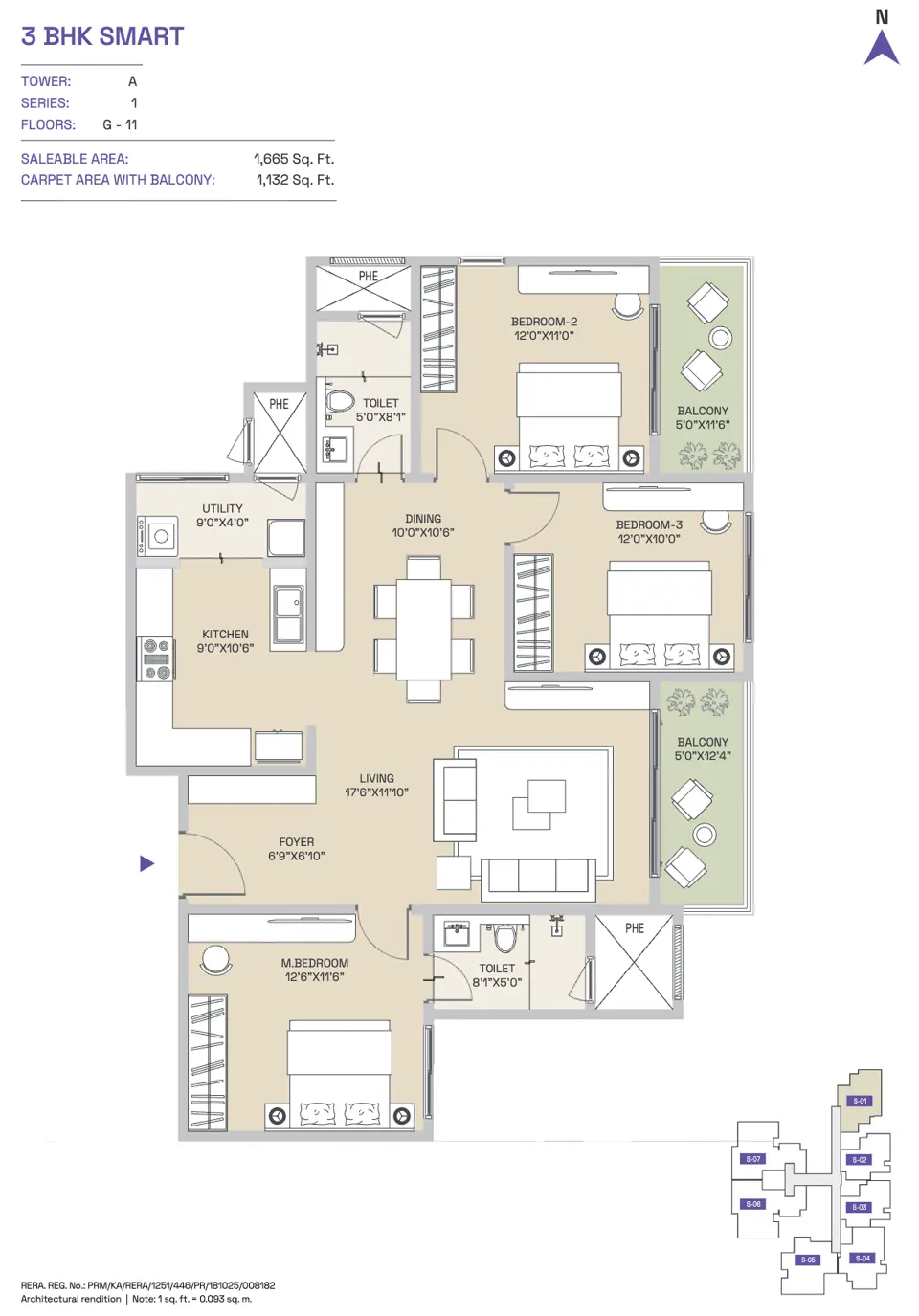 Century Mirai Ph1,Old Airport Road,Bengaluru- 3BHK Floor Plan